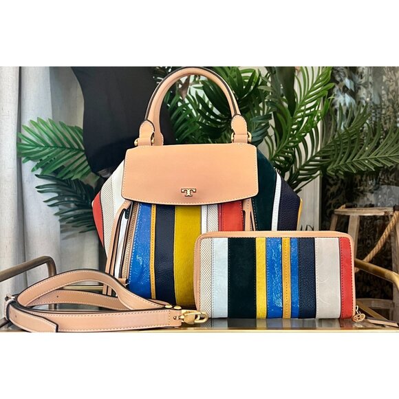 TORY BURCH AUTHENTIC STRIPED MOON TOTE AND WALLET SET - Picture 1 of 13